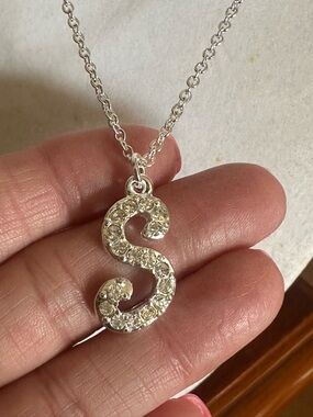 Initial “S” Pendant Necklace Crystal AccentsAdjustable 16”+2” Extender